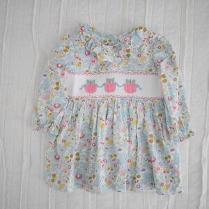 Smocked Floral Long-Sleeve Kids Dress in Light Blue and Pink